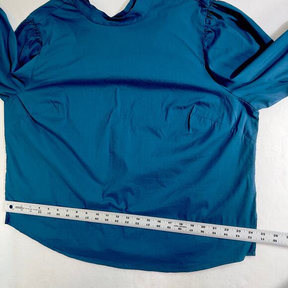 Eloquii Blouse Top Woman 18 Blue Elastic Cuffs Tie Back Plain Front w/ Darts - Picture 9 of 16